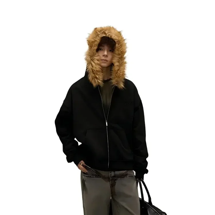 Fur Collar Zip-Up Hoodie product reference on a clean background