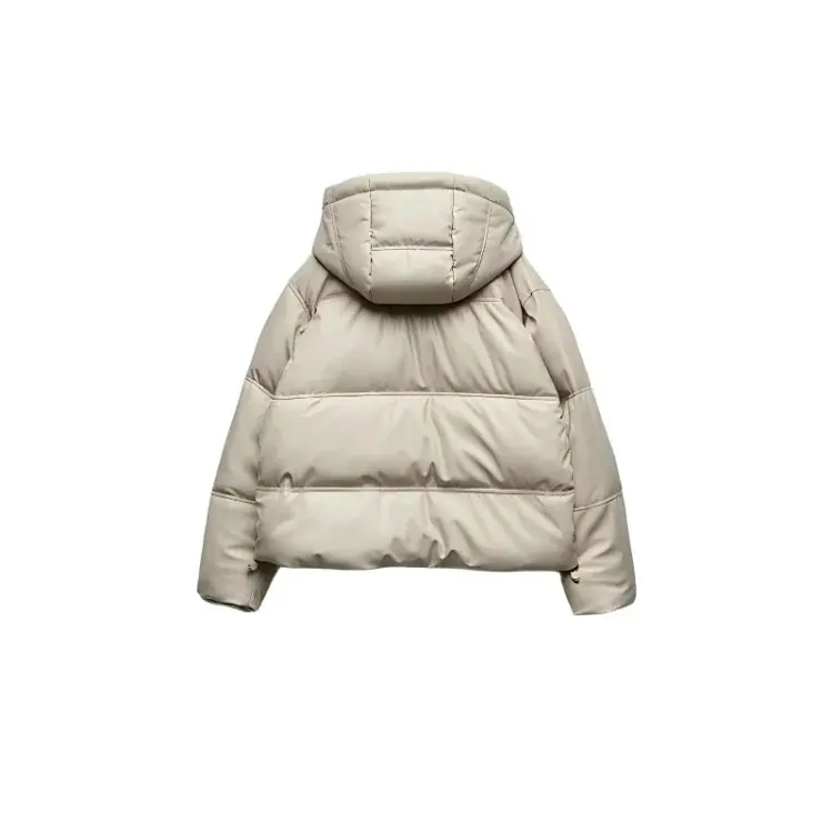 Beige Faux-Leather Hooded Bomber Jacket product reference on a clean background