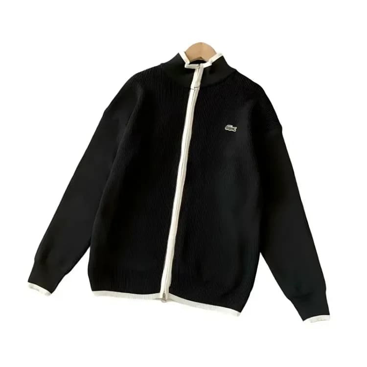 Lacoste Contrast-Trim Zip-Up Knit Cardigan — Black & Cream