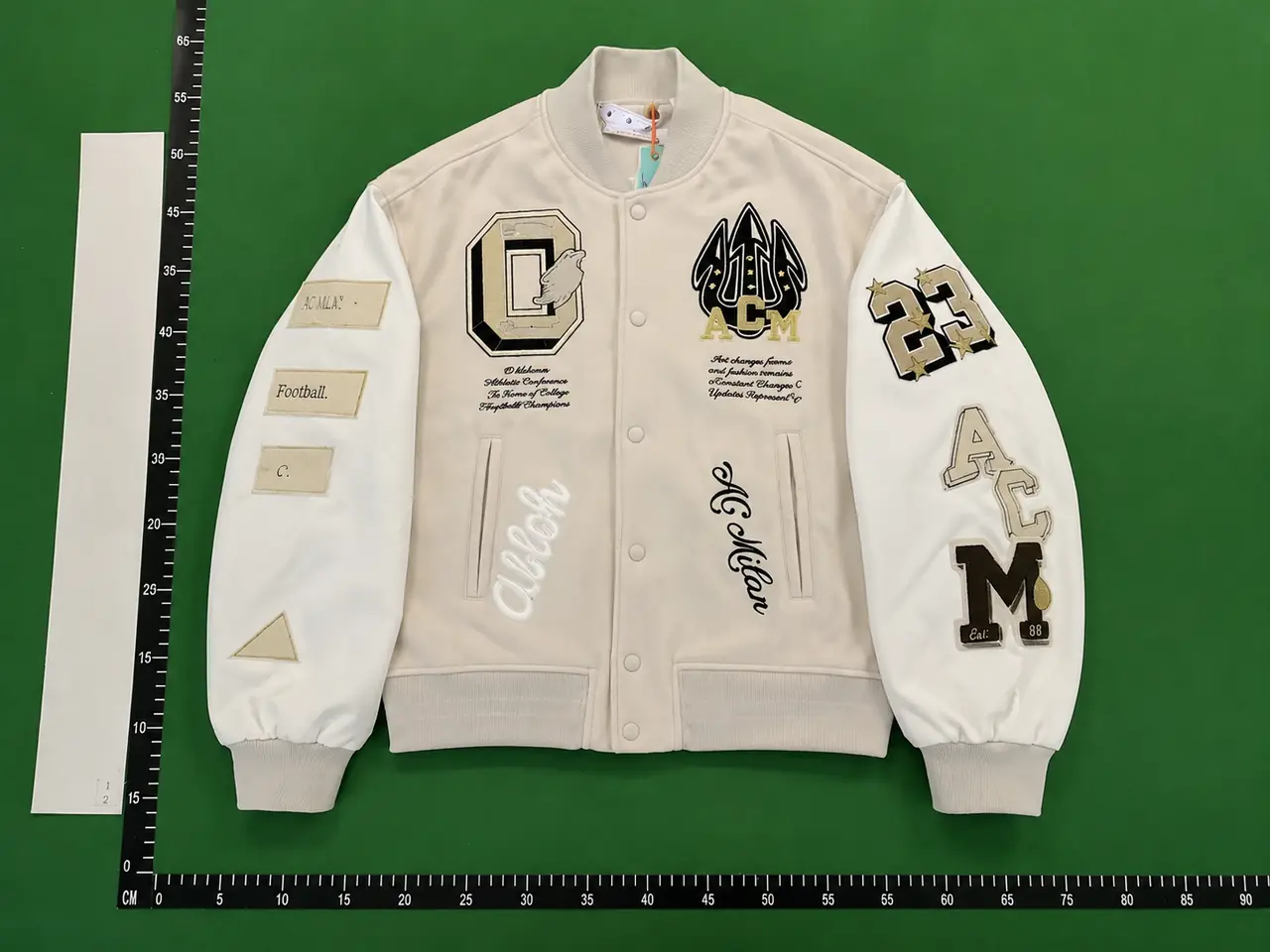 QC photo reference for Off-White x AC Milan Varsity Jacket