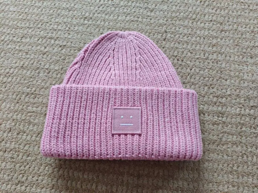 QC photo reference for Acne Studios Face-Patch Ribbed Beanie — Pink