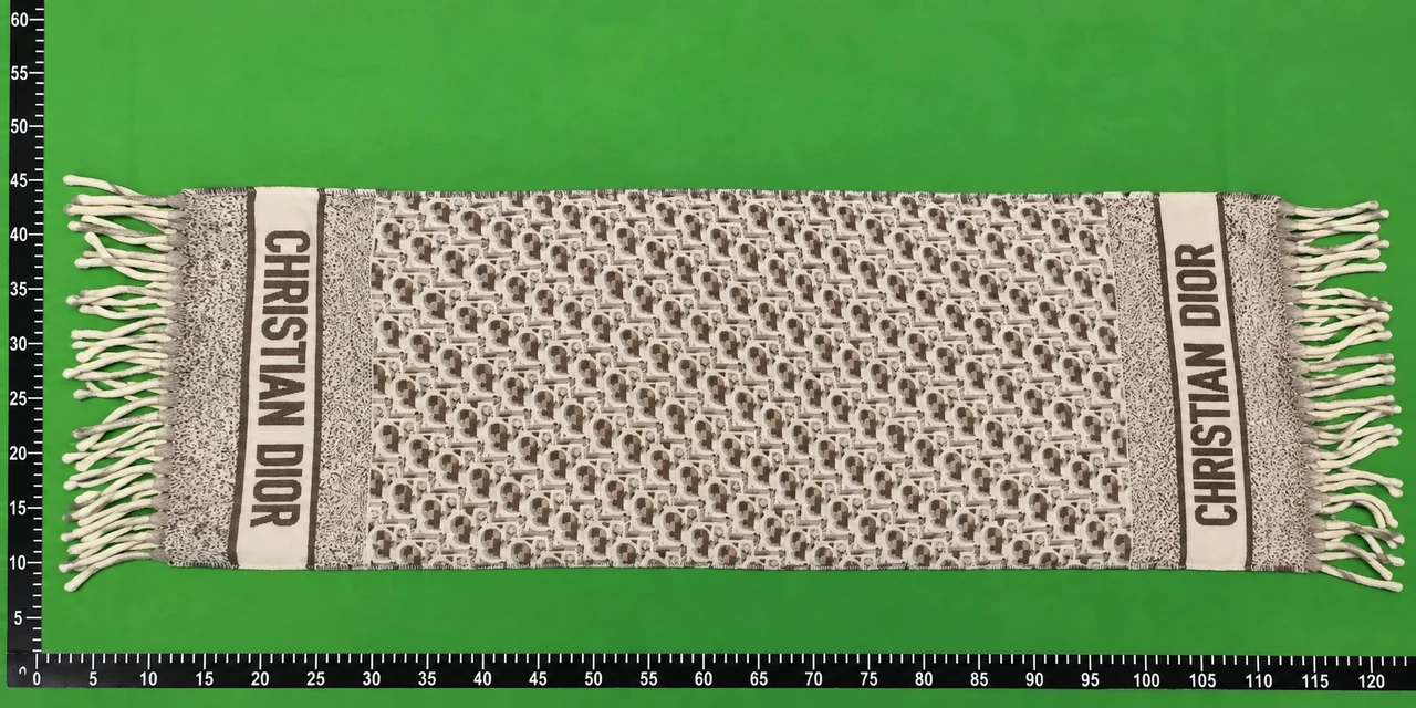 QC photo reference for Dior Cream and Taupe Monogram Fringe Scarf