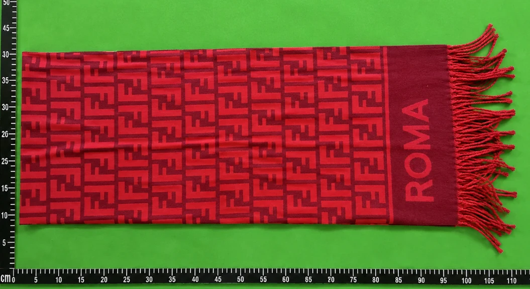 QC photo reference for Fendi Red FF Roma Fringe Scarf