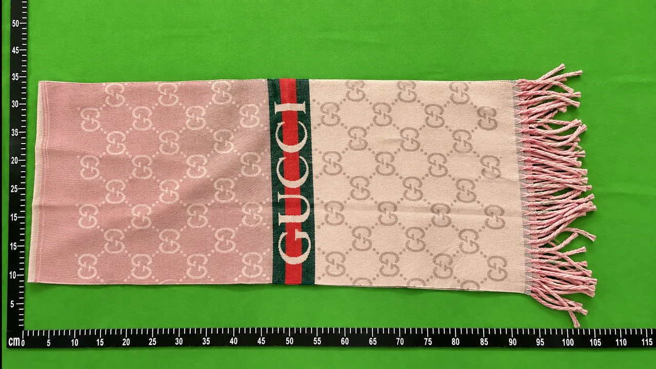 QC photo reference for Gucci Pink GG Monogram Fringe Scarf